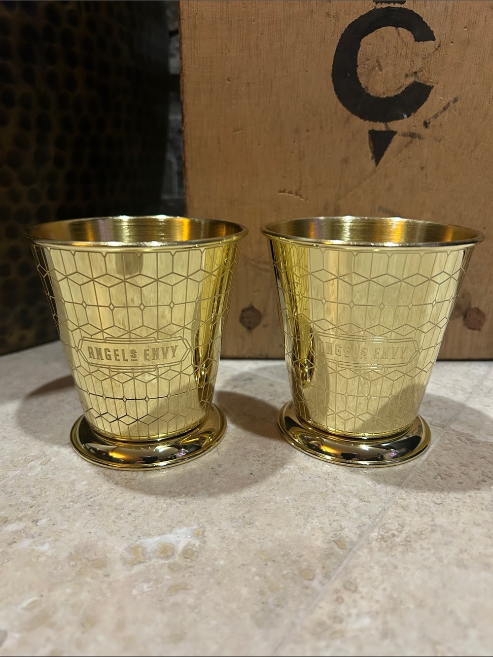 Set of 2 of ANGEL’S ENVY Gold Metal Etched Julep Cups